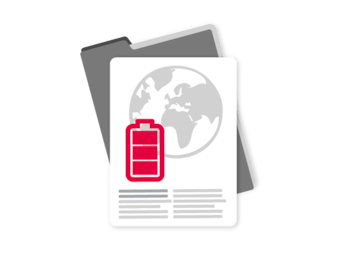 Document on top of folder with globe and red battery symbol